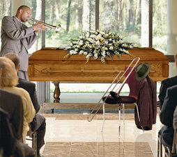 funeral home service with casket and arrangements